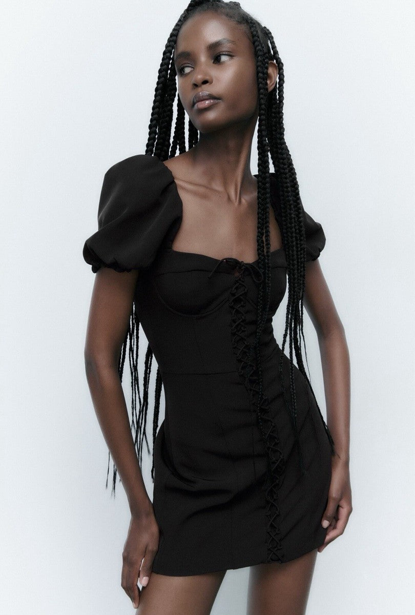 [B4] CORSETRY-INSPIRED BLACK MINI DRESS