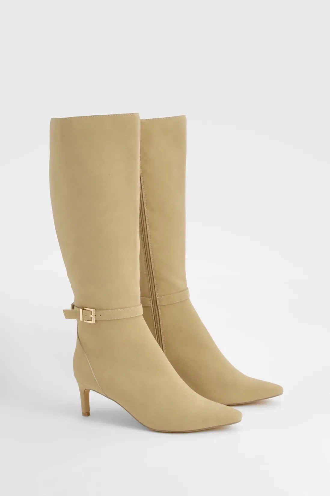FAUX SUEDE LOW HEEL BUCKLE DETAIL POINTED KNEE HIGH BOOTS boohoo
