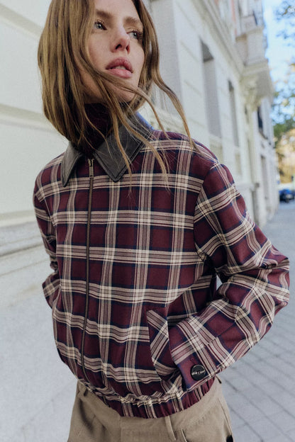 CHECKED BOMBER JACKET WITH LEATHER EFFECT LAPEL