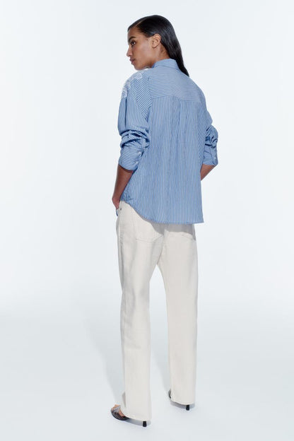 [A2] Striped shirt with floral embroidery