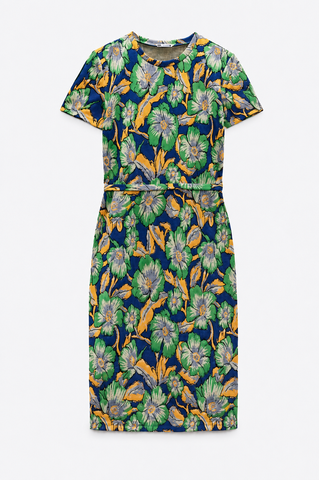 [D3] BRIGHT FLORAL JACQUARD BELTED MIDI DRESS