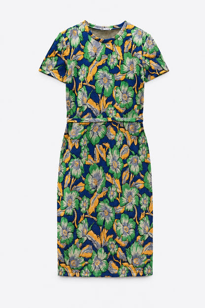 [D3] Bright Floral Jacquard Belted Midi Dress