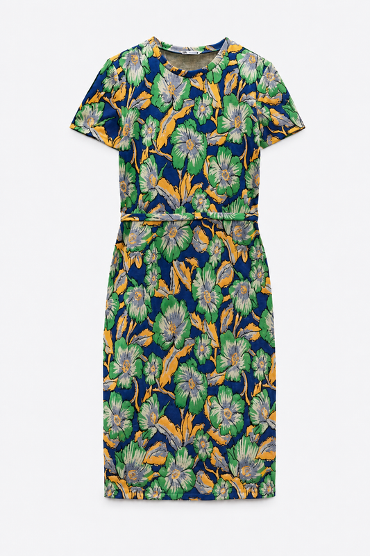 [D3] Bright Floral Jacquard Belted Midi Dress