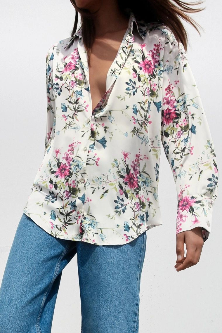 [B8] FLORAL PRINT SATIN SHIRT