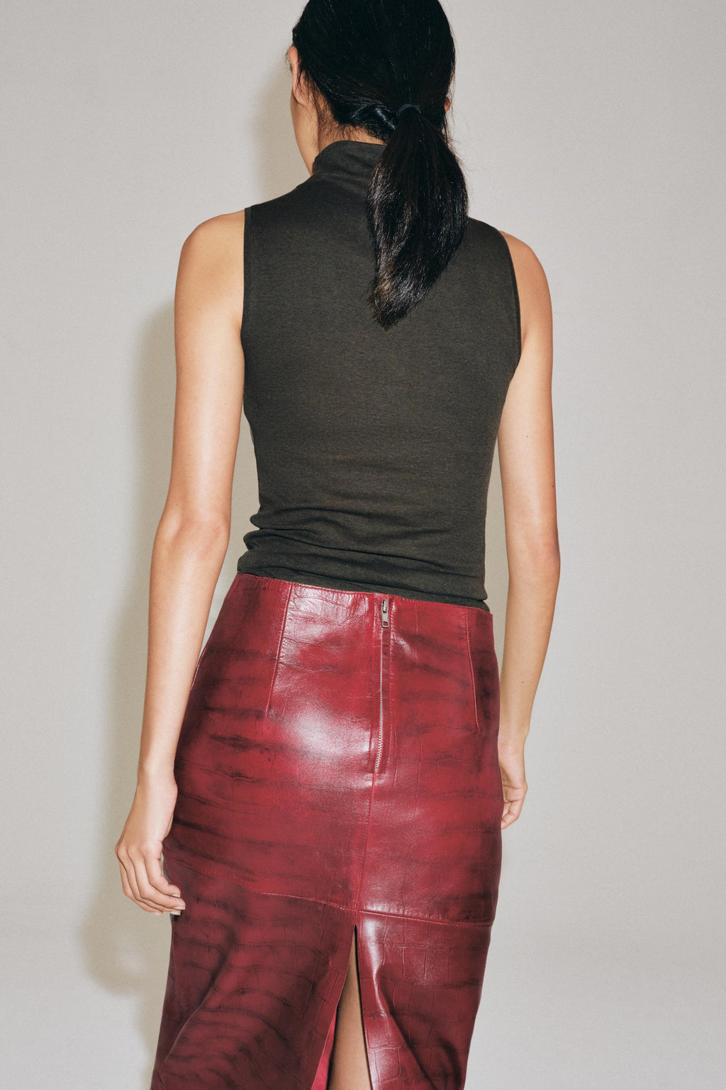 BUTTONED HIGH NECK TOP -Olive Green