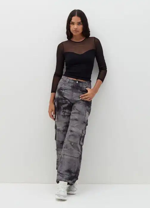 Crop T-shirt in mesh with long sleeves