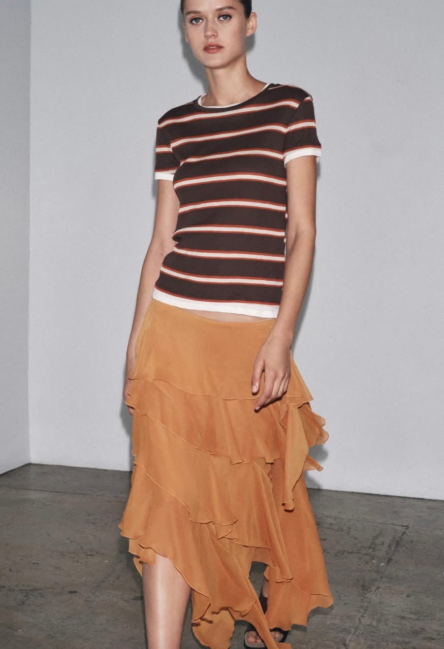 [B7] SLIM FIT BROWN STRIPED T-SHIRT