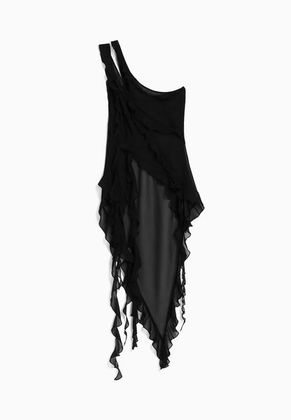 ONE SHOULDER RUFFLE TOP BLACK SHEER