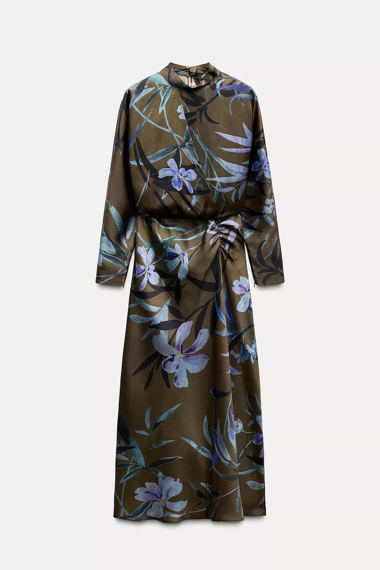 [A3] Floral Print Satin Midi Dress