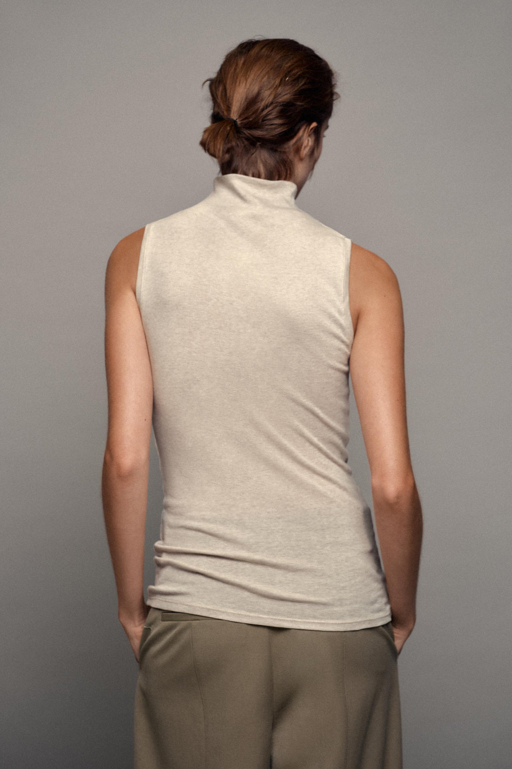 BUTTONED HIGH NECK TOP- Beige marl