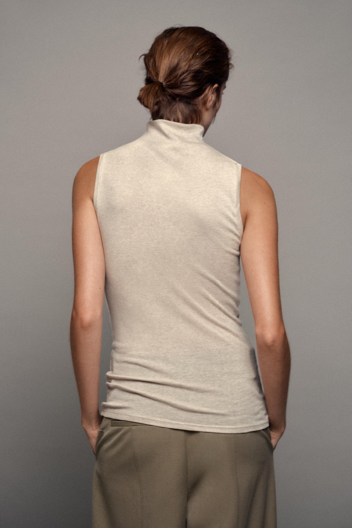 BUTTONED HIGH NECK TOP- Beige marl