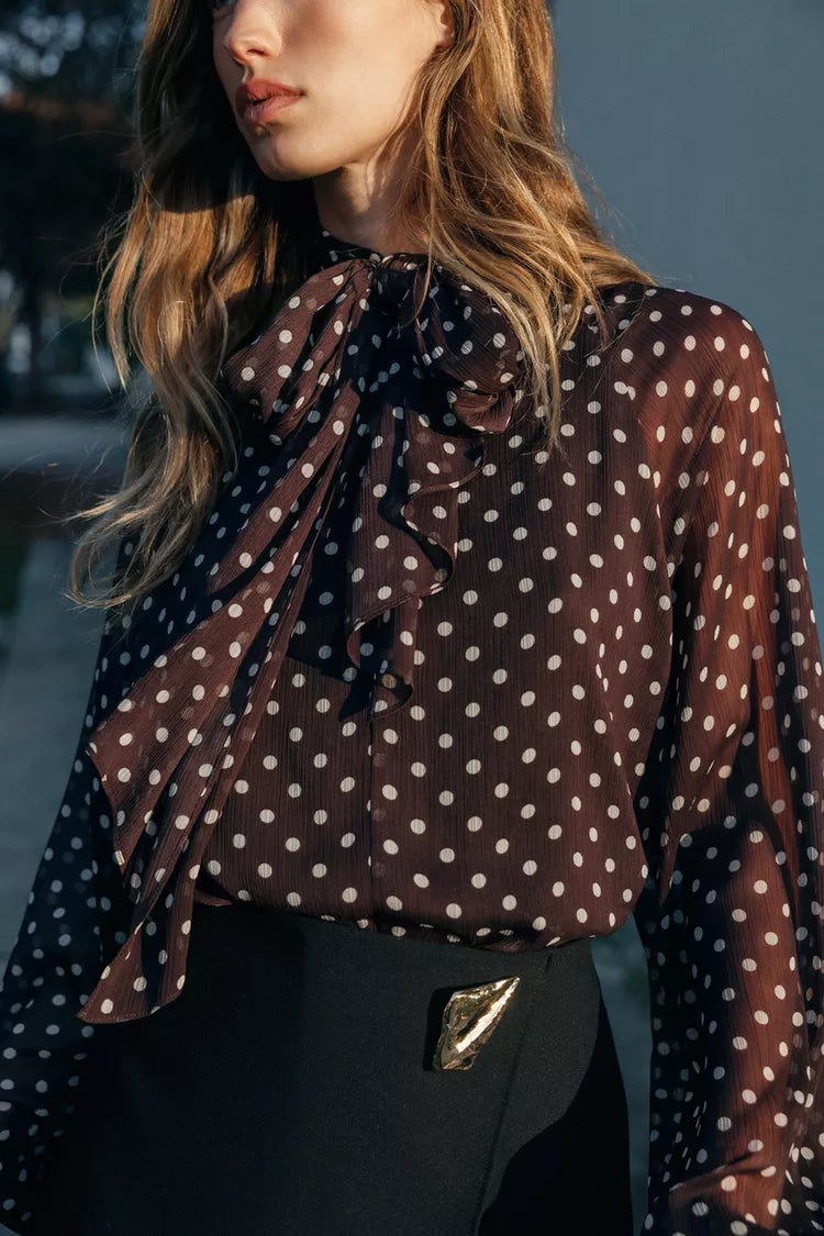 [B1] POLKA DOT BROWN BLOUSE WITH BOW