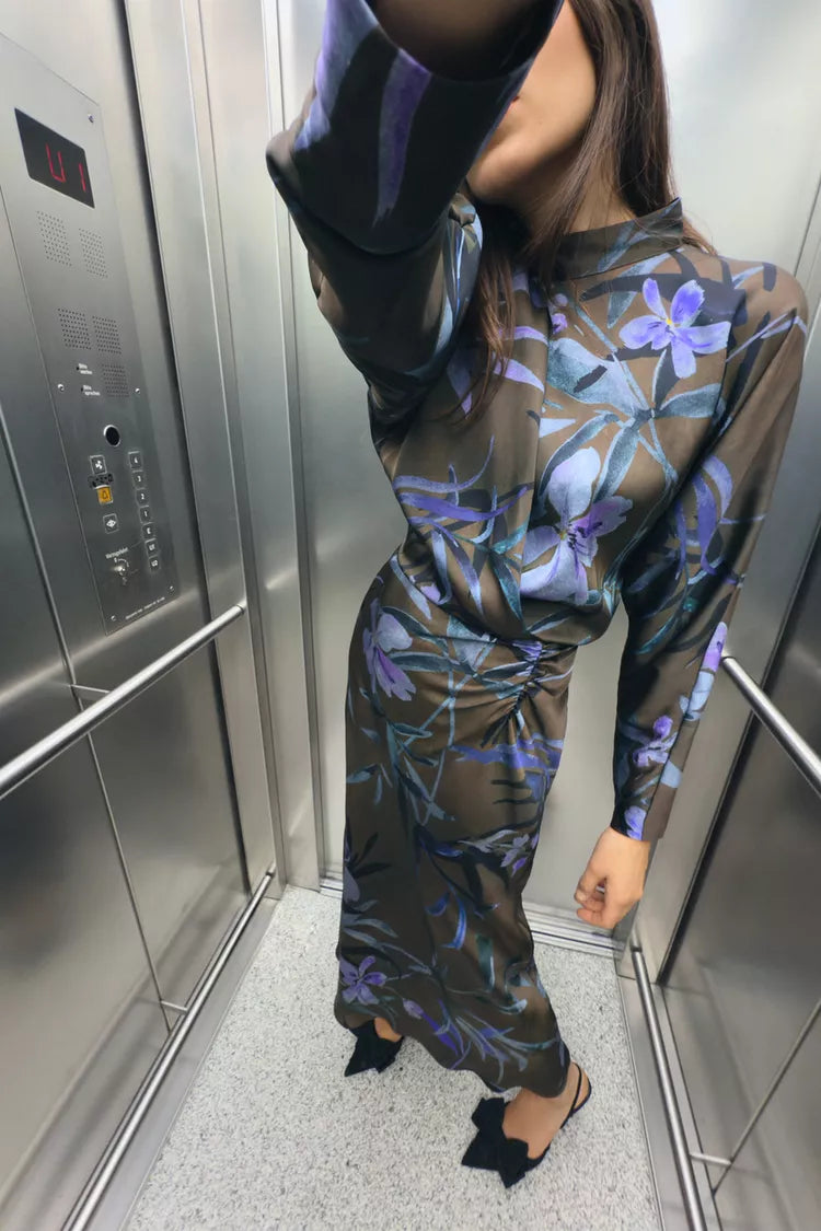[A3] Floral Print Satin Midi Dress