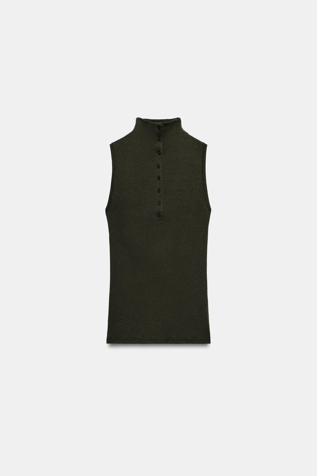 BUTTONED HIGH NECK TOP -Olive Green