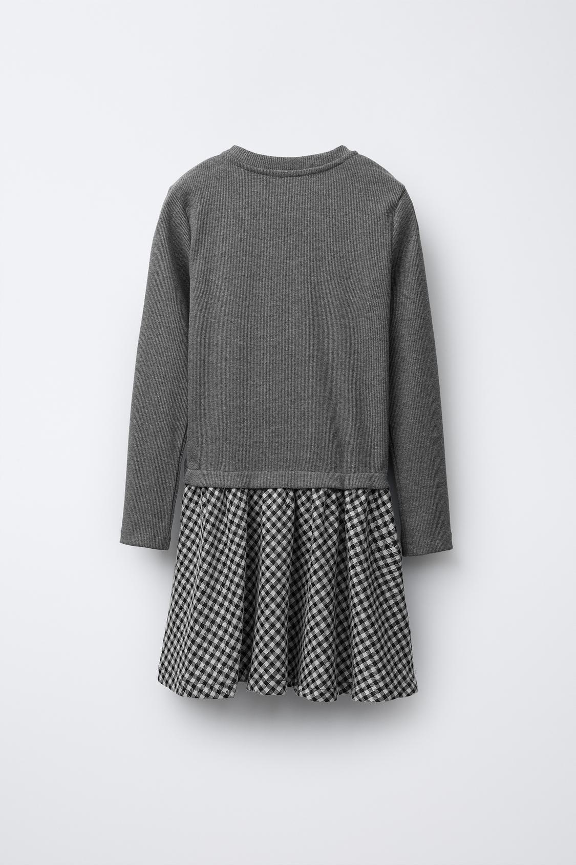 RIBBED COMBINATION DRESS WITH CHECK SKIRT