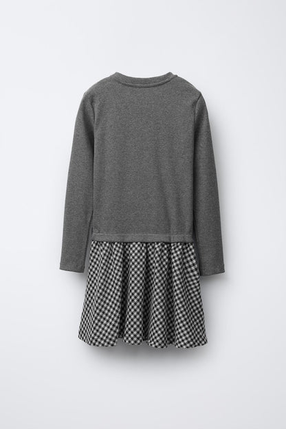 RIBBED COMBINATION DRESS WITH CHECK SKIRT