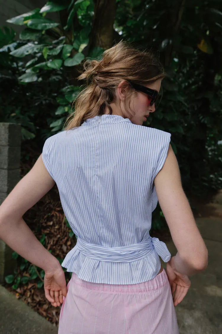 METALLIC THREAD STRIPED TOP WITH SHOULDER PADS AND TIE