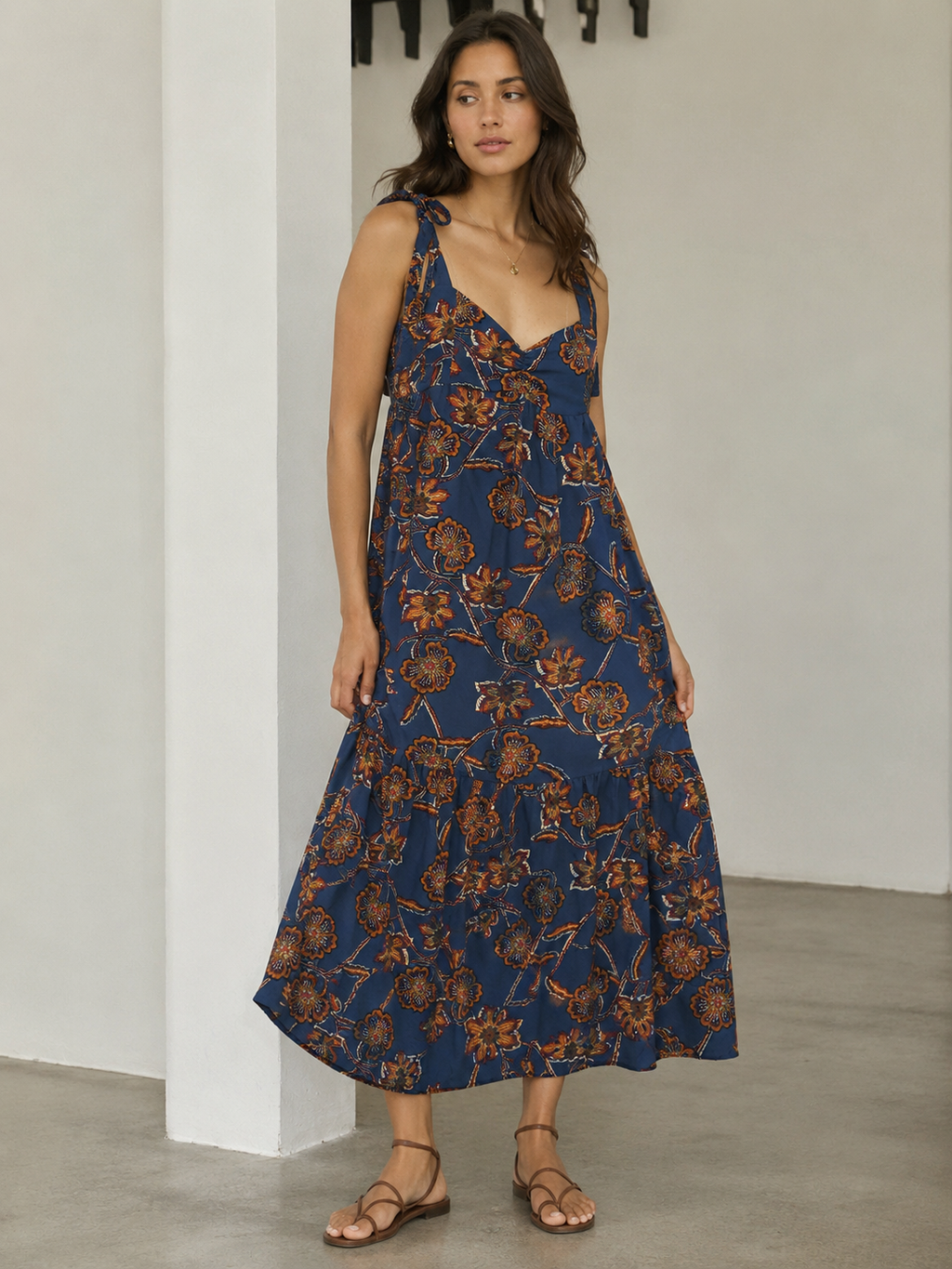 [A8] FLORAL TIE-STRAP MAXI DRESS