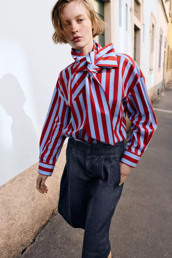 Striped Shirt with a prominent bow neck detail