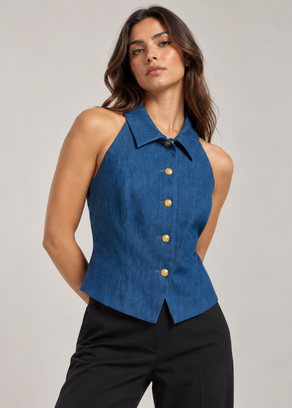 Blue Denim Gold Button Waistcoat