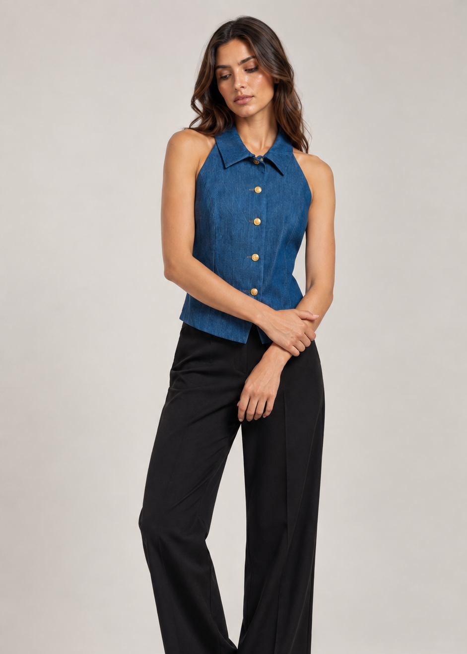 Blue Denim Gold Button Waistcoat