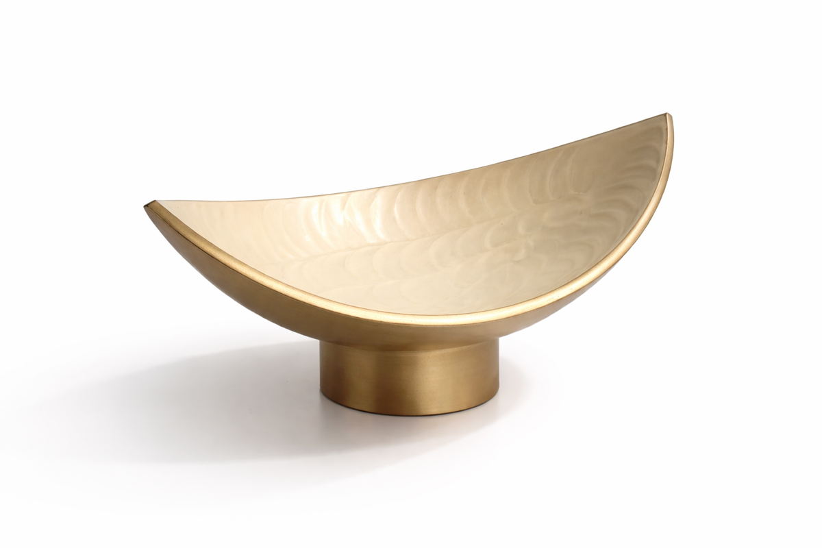 SCULPTURAL HALF-MOON METAL DECORATIVE BOWL ON STAND