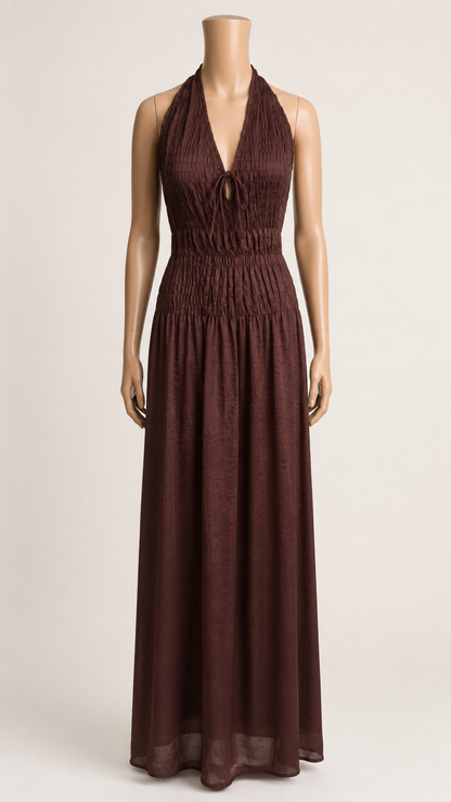 OPEN-BACK HALTER MAXI DRESS | CHOCOLATE BROWN