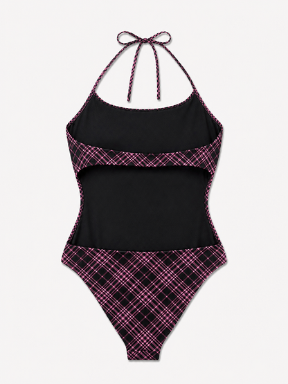 PLAID BACKLESS ONE-PIECE SWIMSUIT