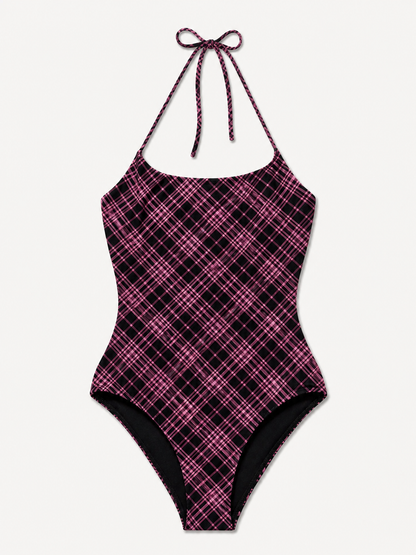 PLAID BACKLESS ONE-PIECE SWIMSUIT