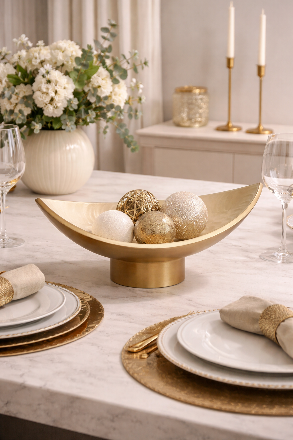 SCULPTURAL HALF-MOON METAL DECORATIVE BOWL ON STAND