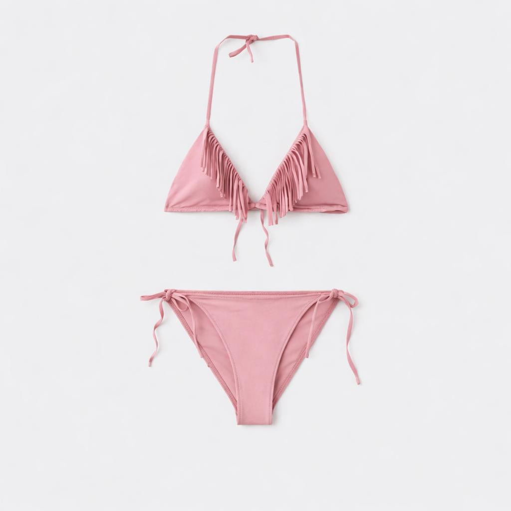Fringed Triangle Bikini Set with Medium-Coverage Bottom, view 2 of 9