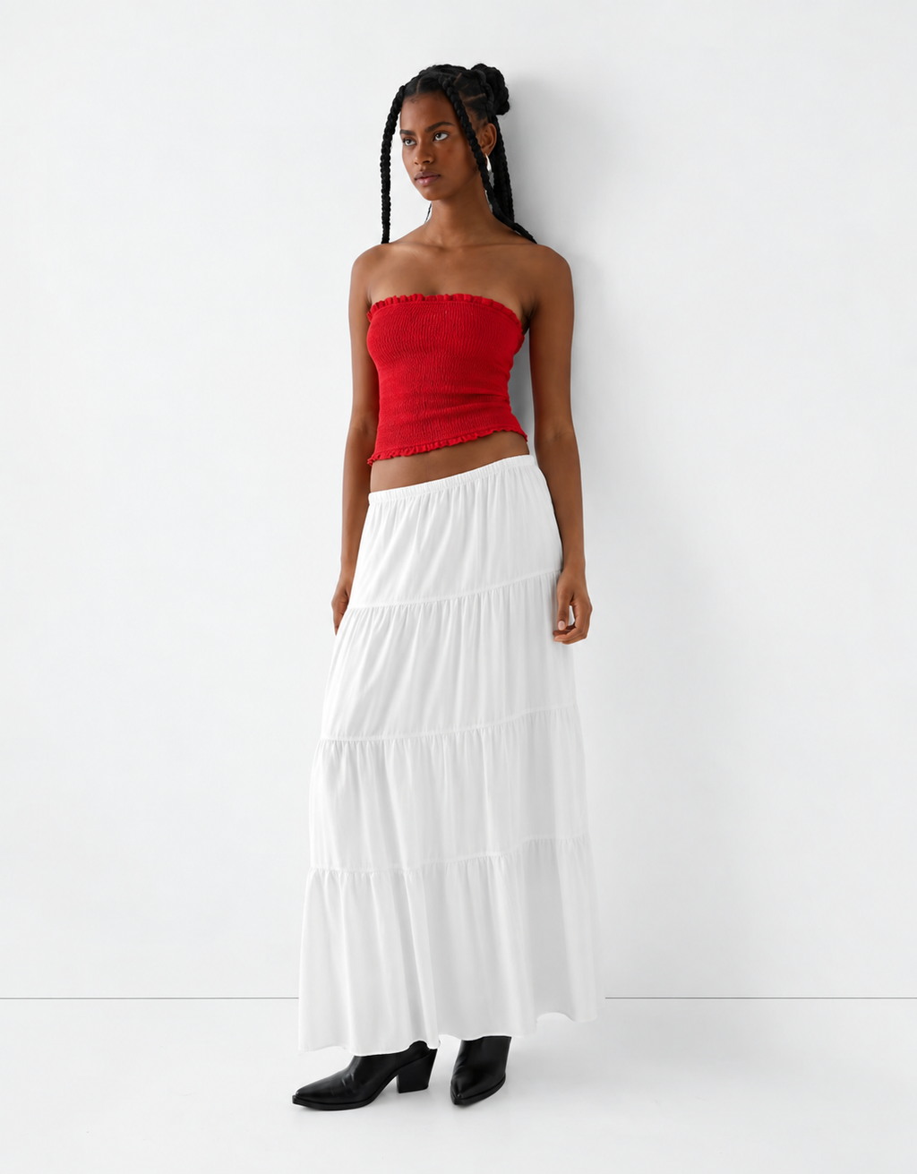 [X4] TIE WAIST LINEN LOOK TIERED MAXI SKIRT | WHITE