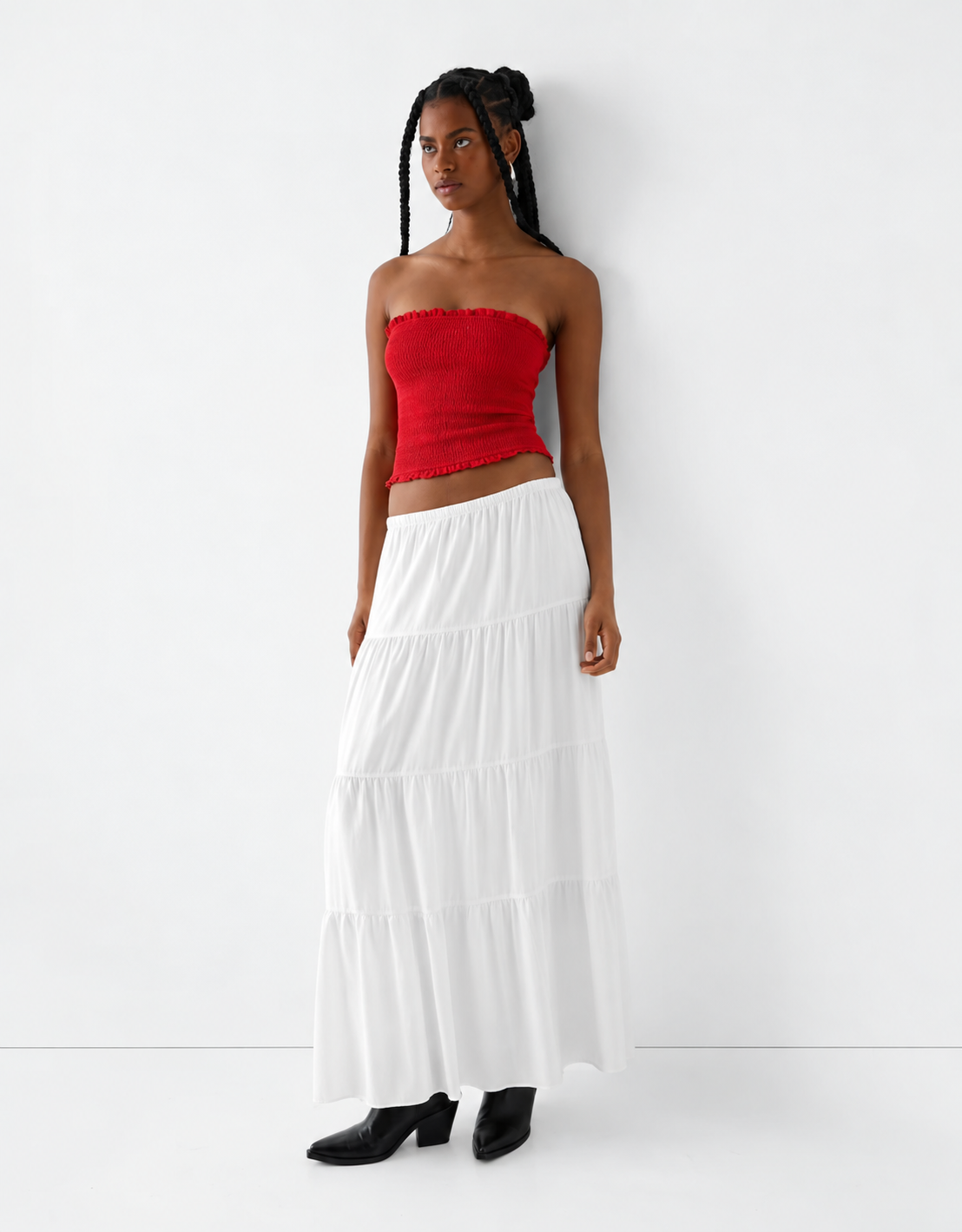 [X4] TIE WAIST LINEN LOOK TIERED MAXI SKIRT | WHITE