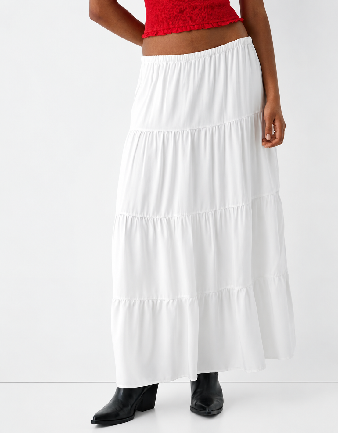 [X4] TIE WAIST LINEN LOOK TIERED MAXI SKIRT | WHITE