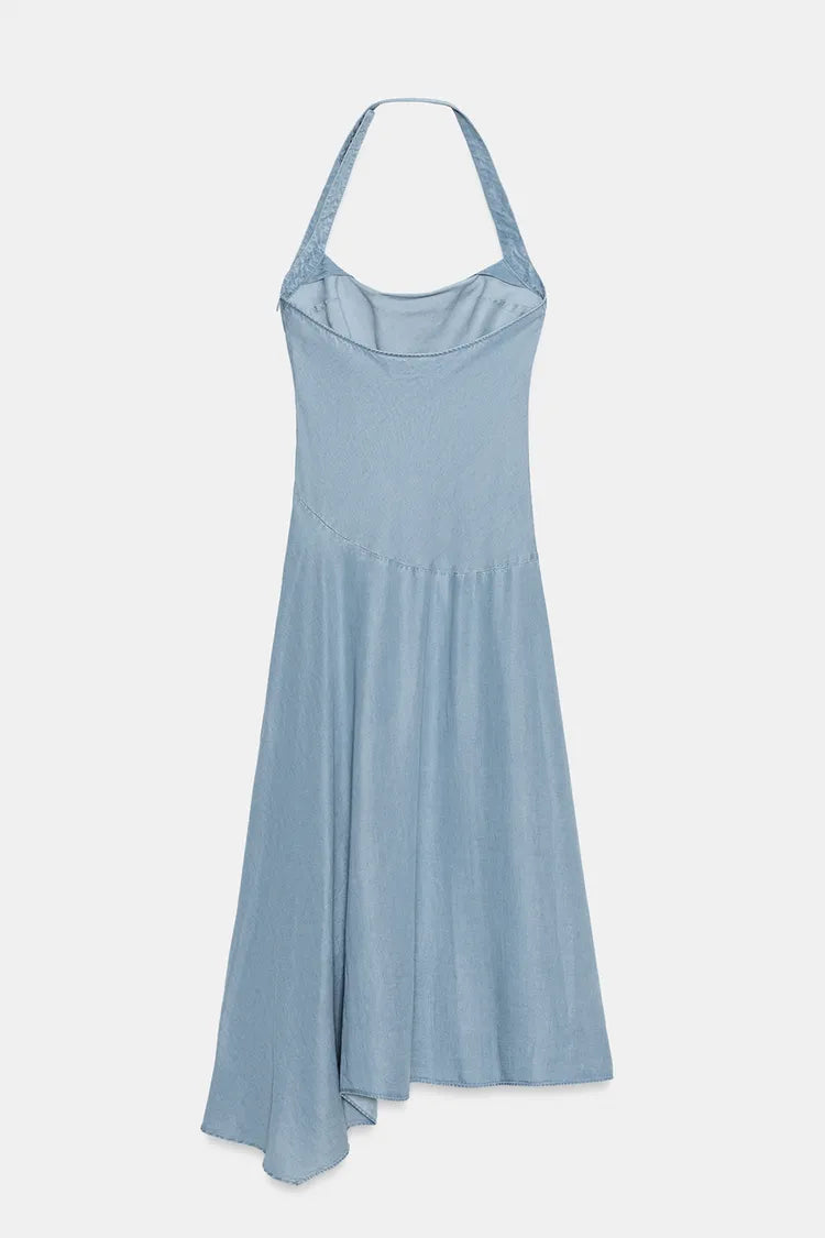 ASYMMETRIC TRF DENIM HALTER DRESS