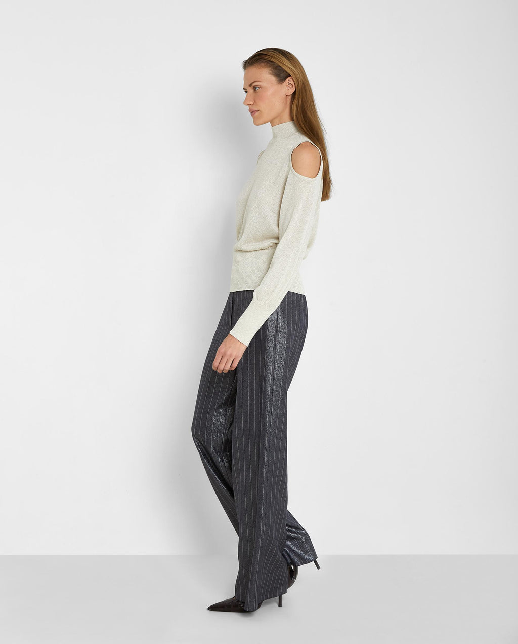 [E5] STRIPED WIDE LEG FLOWY PANTS – ANTHRACITE GREY