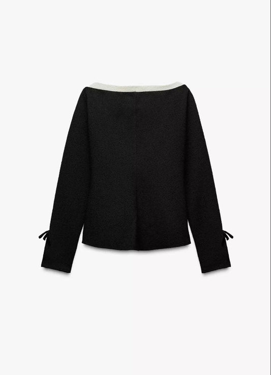 Black Contrast Boat Neck Top