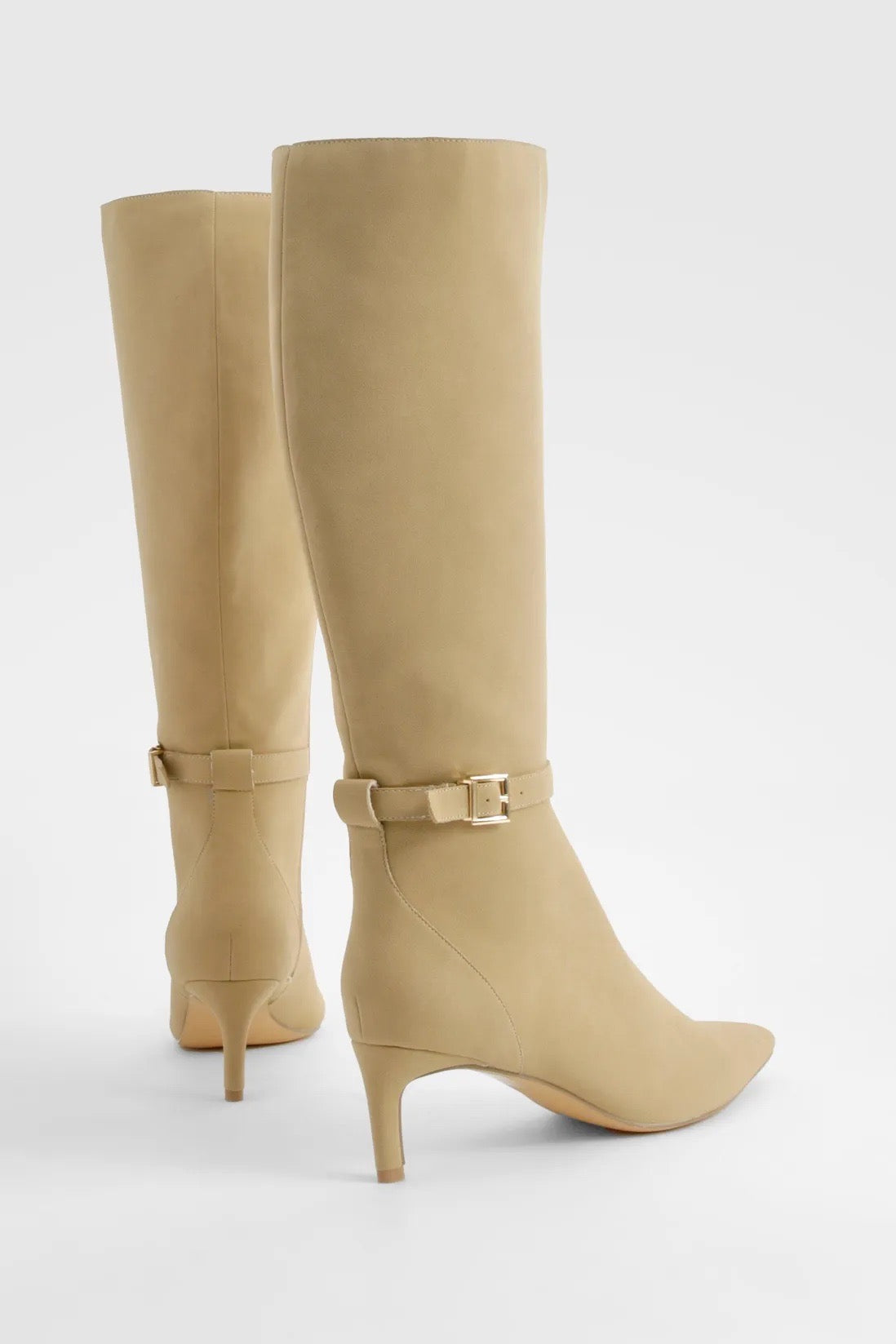 FAUX SUEDE LOW HEEL BUCKLE DETAIL POINTED KNEE HIGH BOOTS boohoo