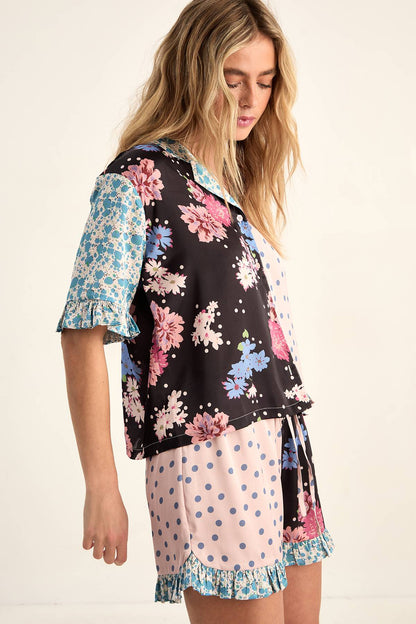 FLORAL POLKA DOT SPLICE RUFFLE PYJAMA SHORTS SET