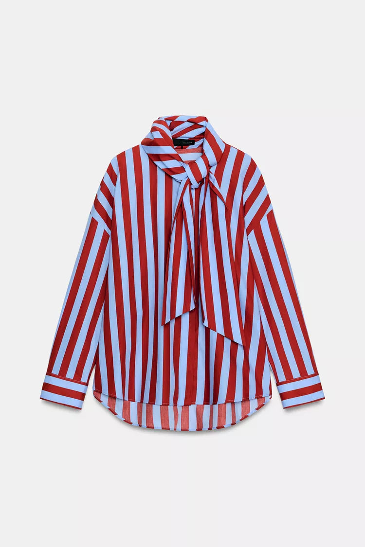Striped Shirt with a prominent bow neck detail