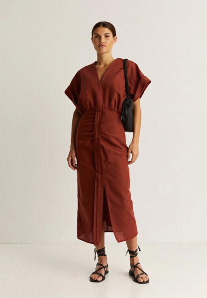 [X2] LINEN DRESS WITH GATHERS