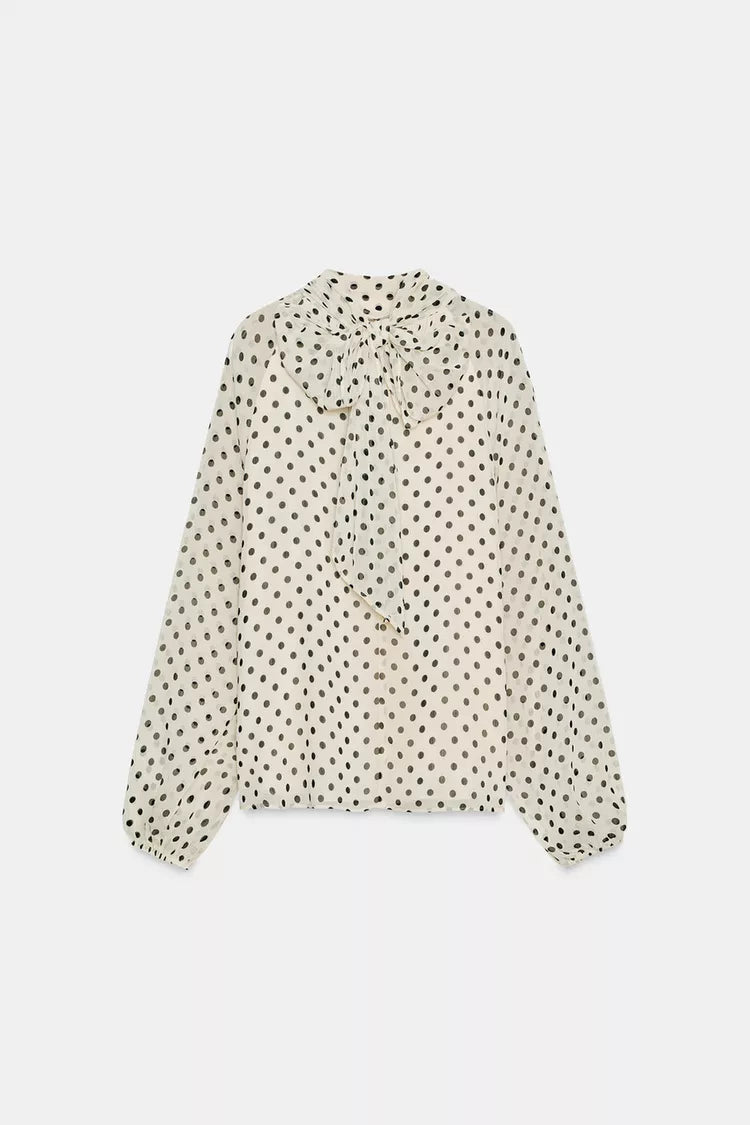 [B3] POLKA DOT BEIGE BLOUSE WITH BOW