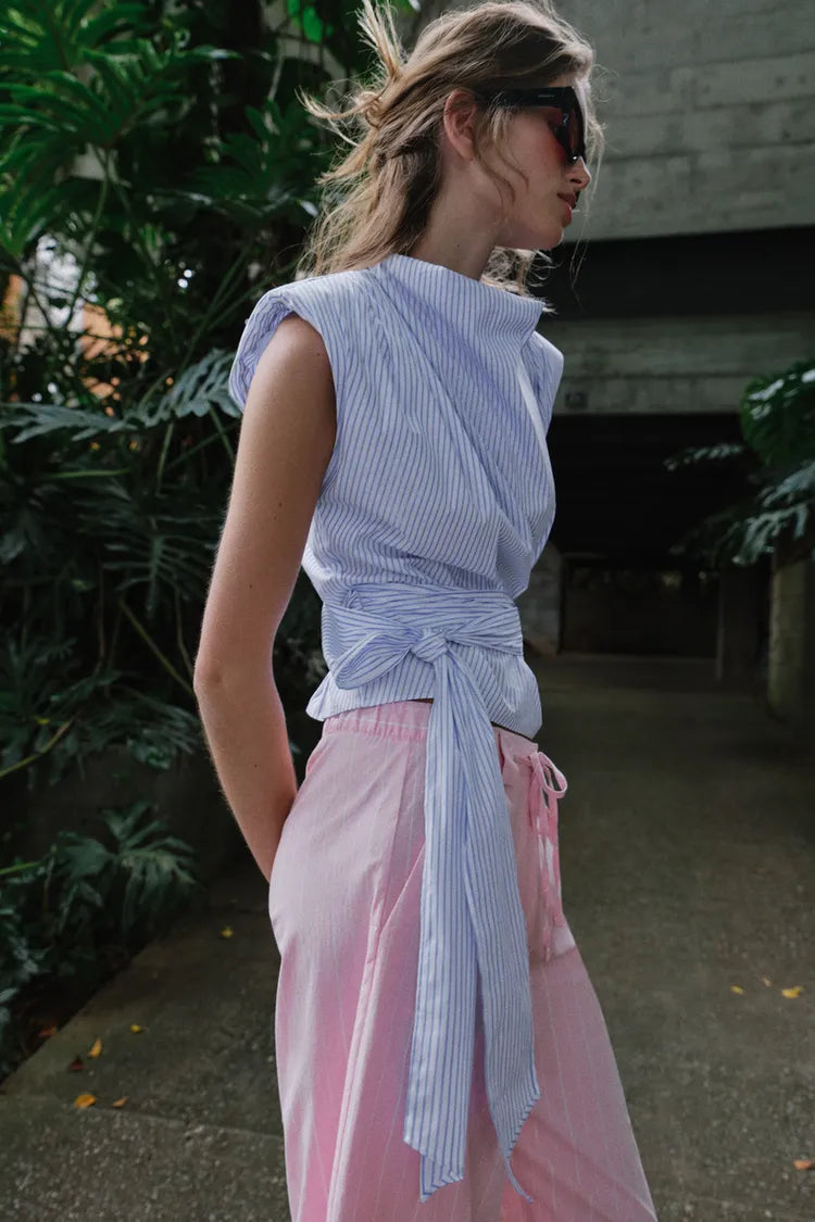 METALLIC THREAD STRIPED TOP WITH SHOULDER PADS AND TIE