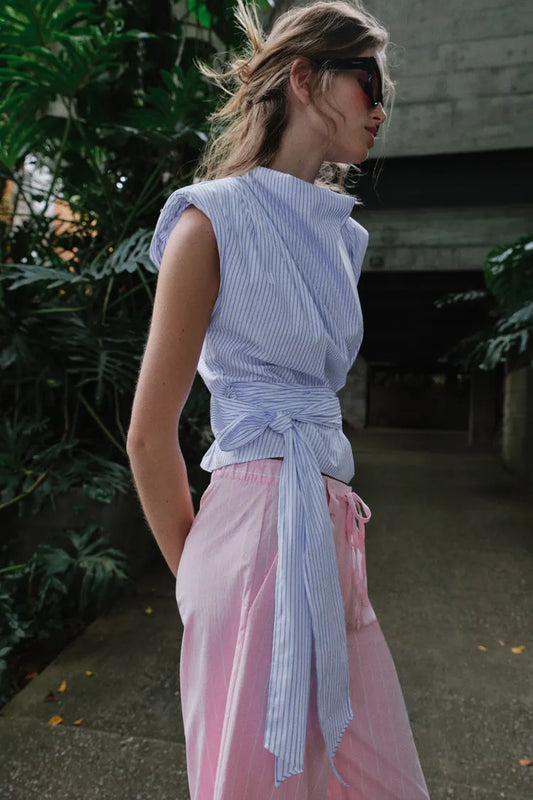 METALLIC THREAD STRIPED TOP WITH SHOULDER PADS AND TIE