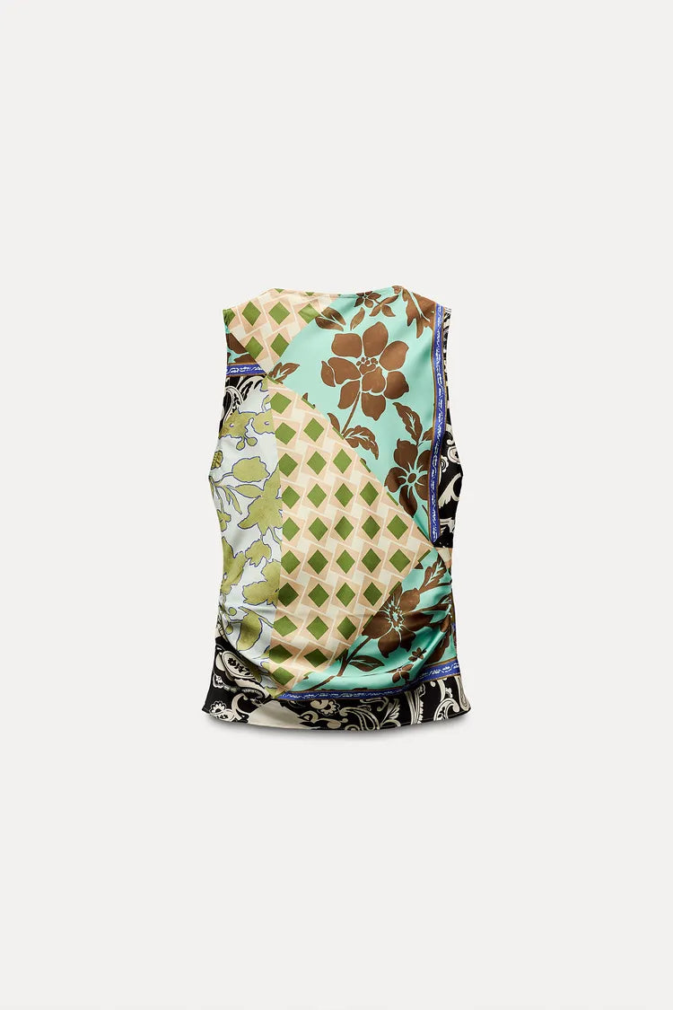 [A5] Patchwork Print Satin Top