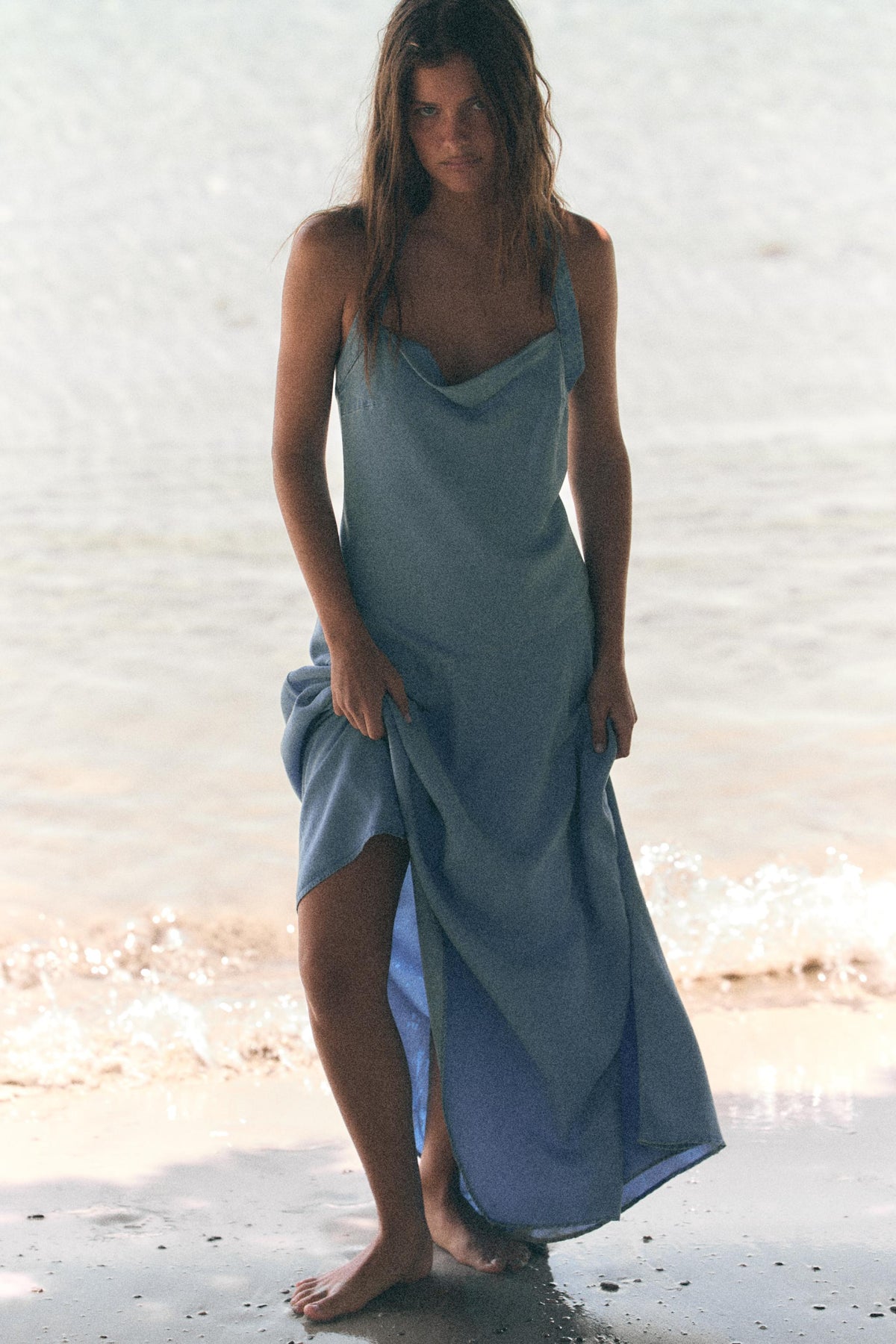ASYMMETRIC TRF DENIM HALTER DRESS