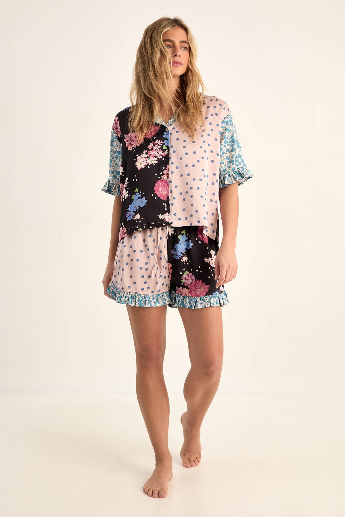 FLORAL POLKA DOT SPLICE RUFFLE PYJAMA SHORTS SET