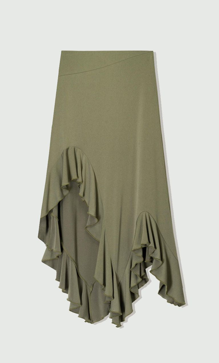ASYMMETRICAL RUFFLE MIDI SKIRT