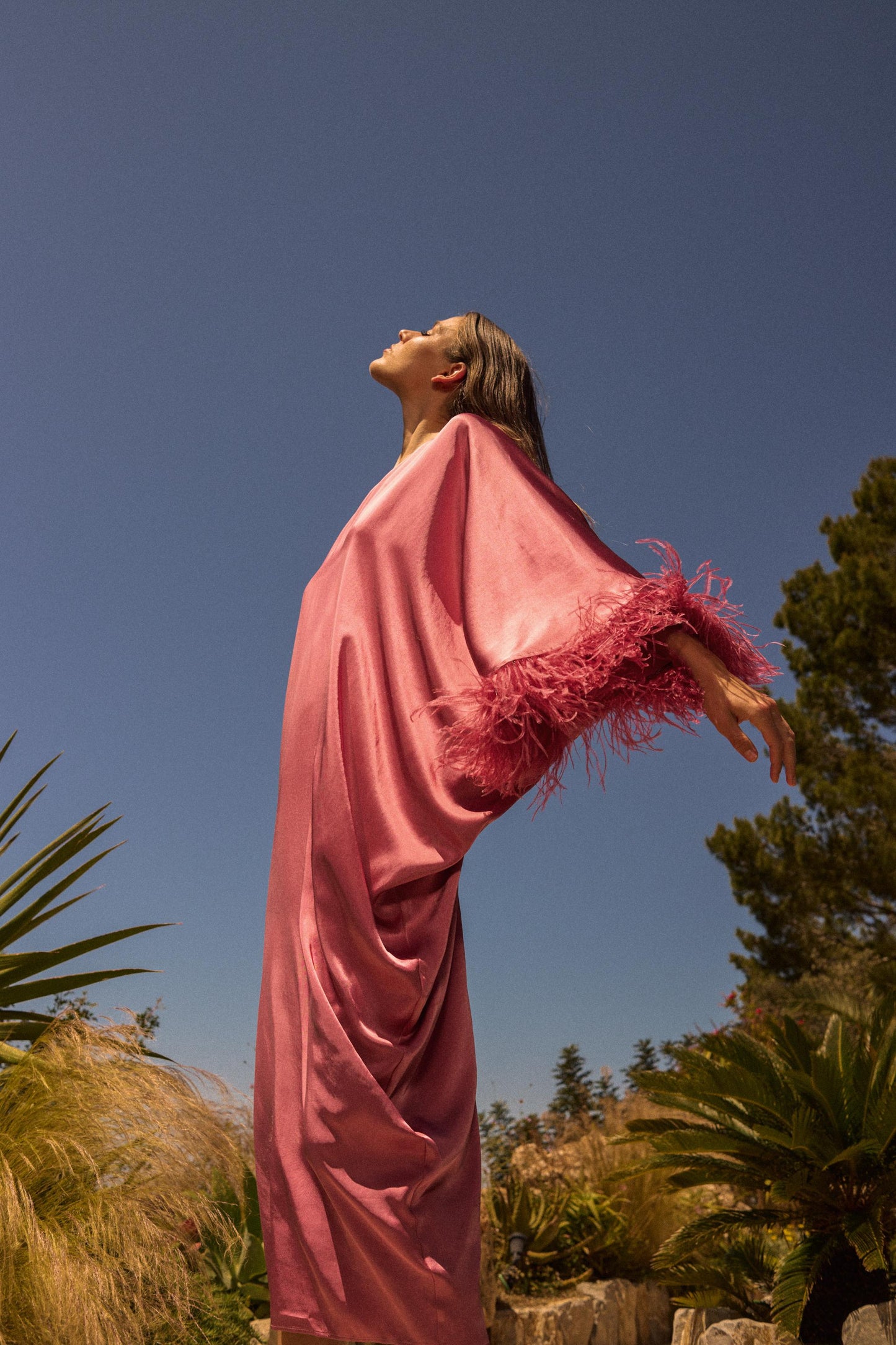 Feathered satin long dress