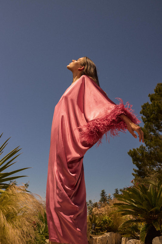 Feathered satin long dress